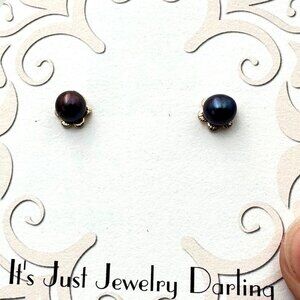 Womens Earrings 14K Yellow Gold Black Pearl Pierced Gift Idea for Her Estate